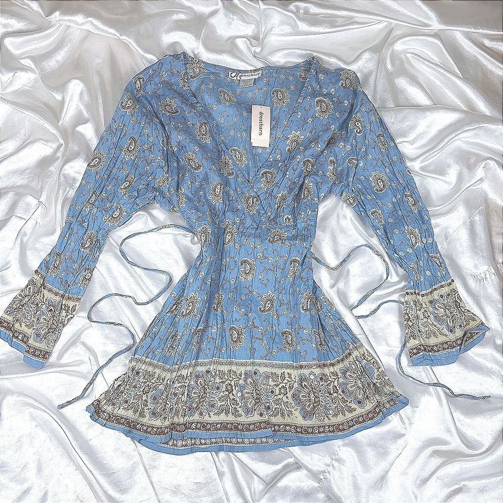 y2k Tunic Blue NEW Dressbarn Paisley Sequin Empire Waist Bell Sleeve Top L